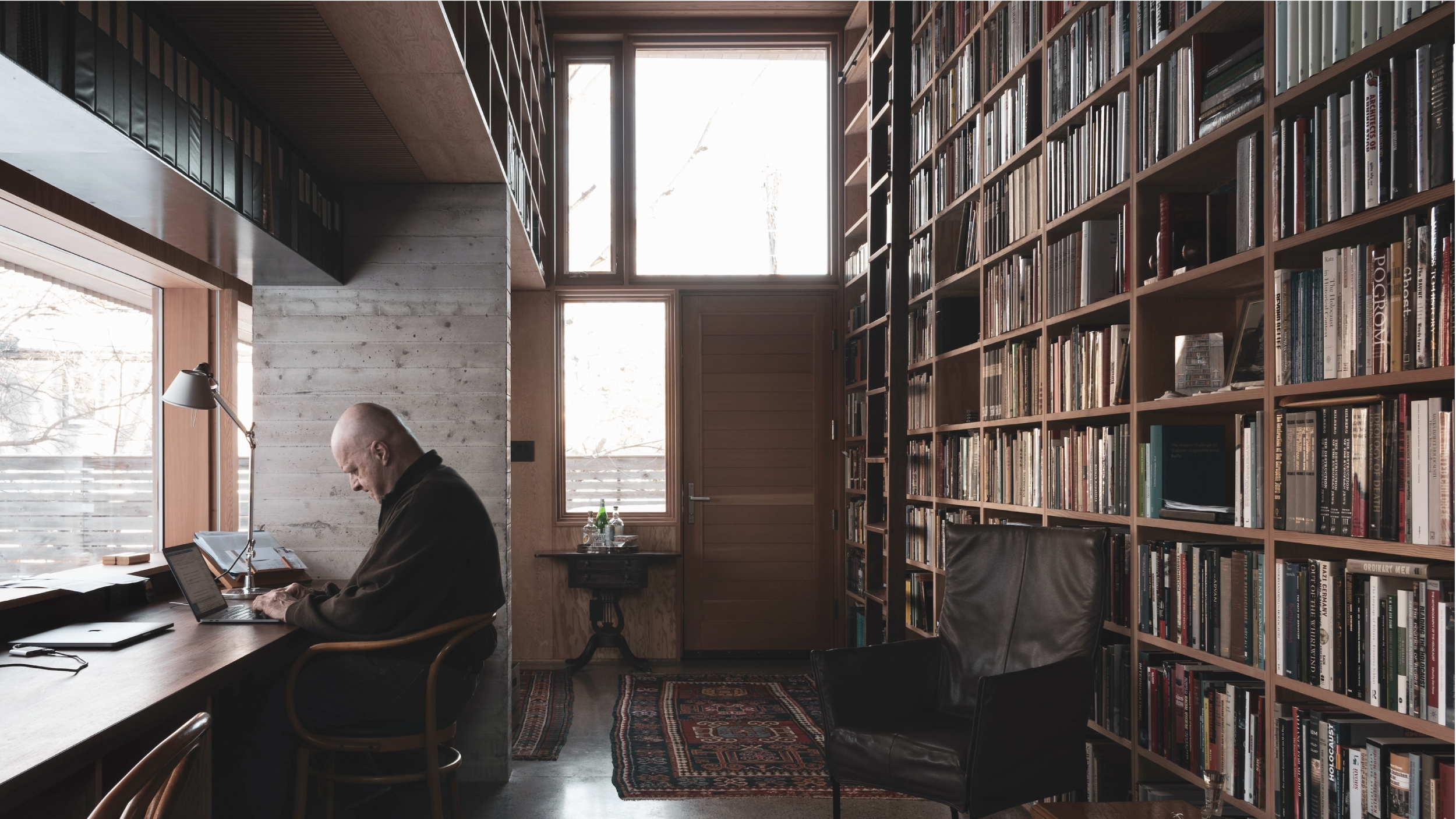 Interior of project, showing library and desk space