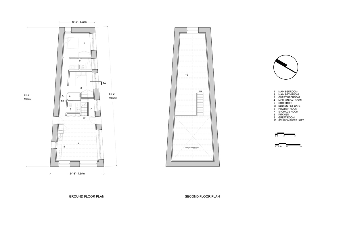 A floor plan for the building, which is shaped like an elongated trapezoid