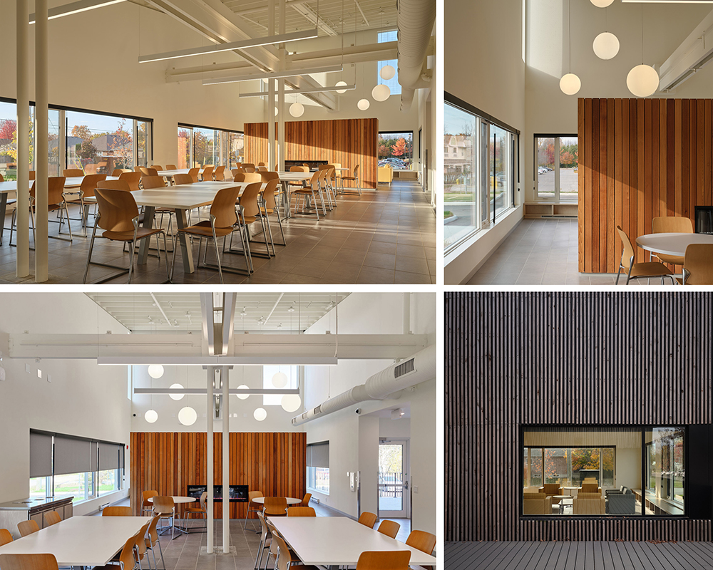 Four pictures arranged in a grid showing interiors of the building. It is a bright space with high ceilings and wood and white finishes