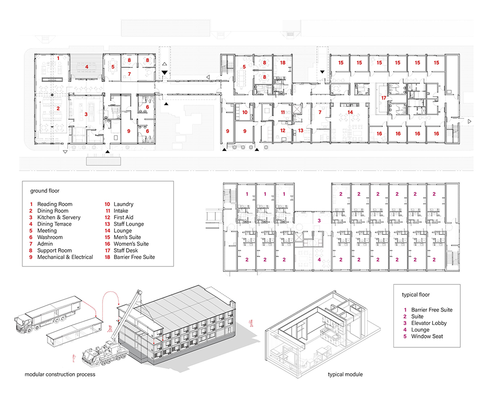 A building plan and diagram showing how modules were used to assemble the building