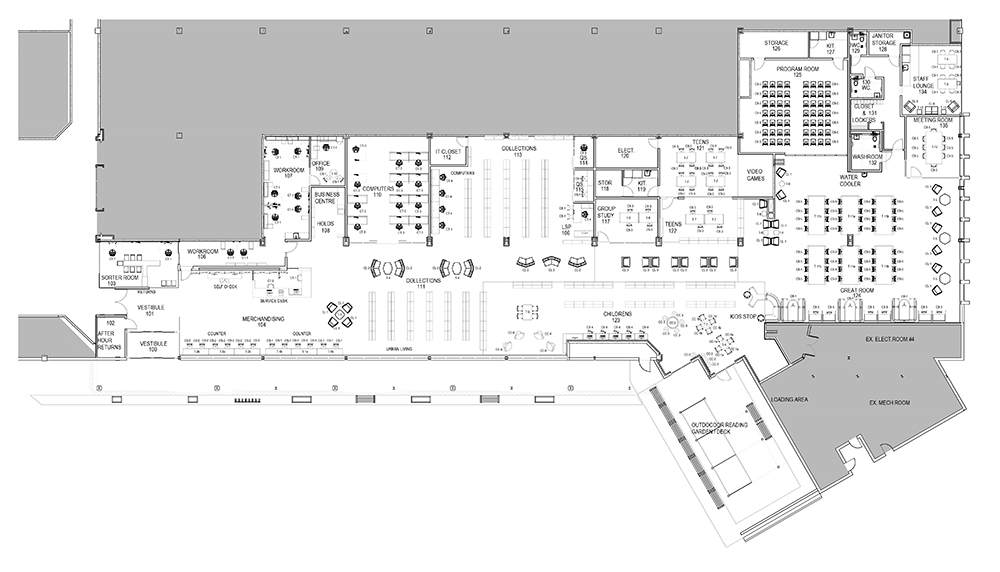 The L-Shaped floorplan of the library with an open central space surrounded by offices and smaller workrooms