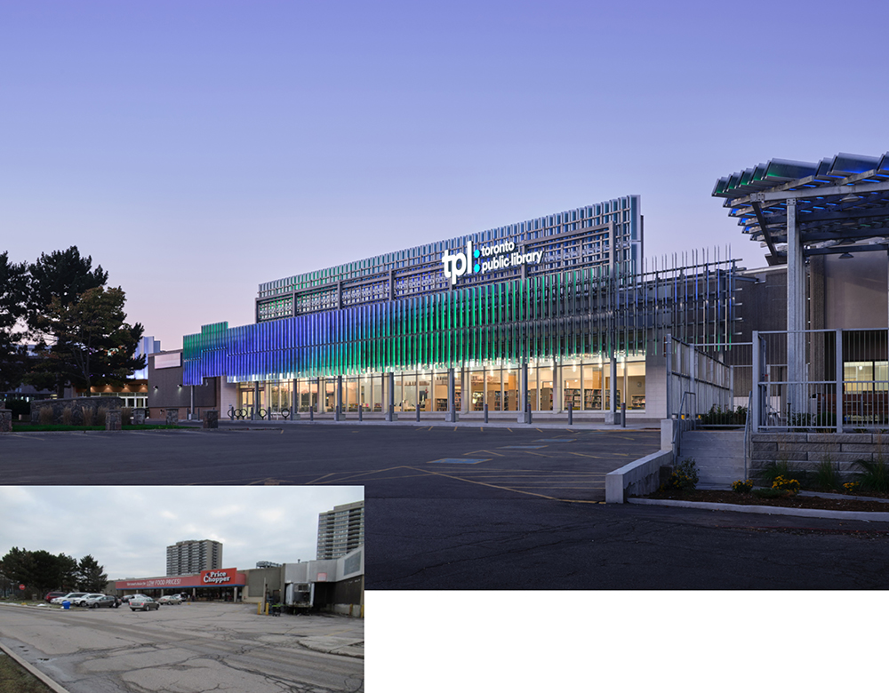 The exterior of the building shown next to a smaller image of the site before the retrofit. A strip mall grocery store has been turned into a sleek and eye-catching public library