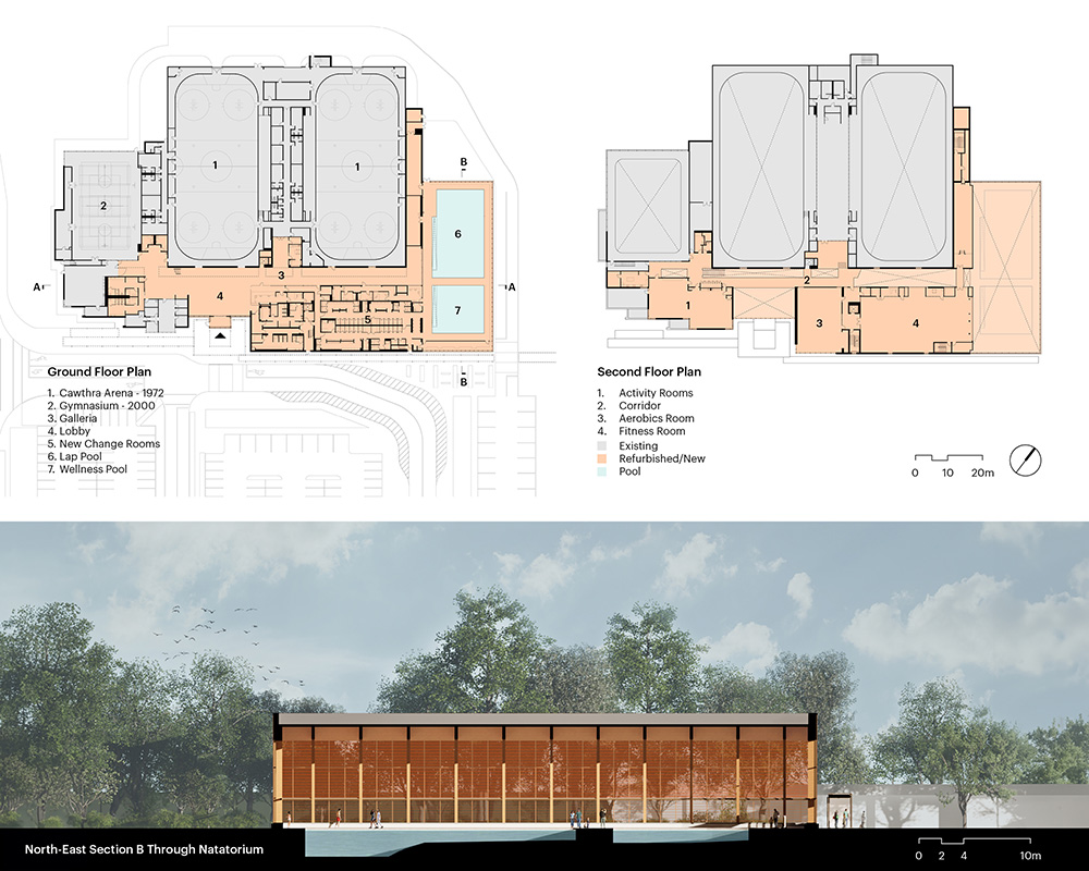 Architectural plans and sections of a timber‑framed building with high ceilings and large windows