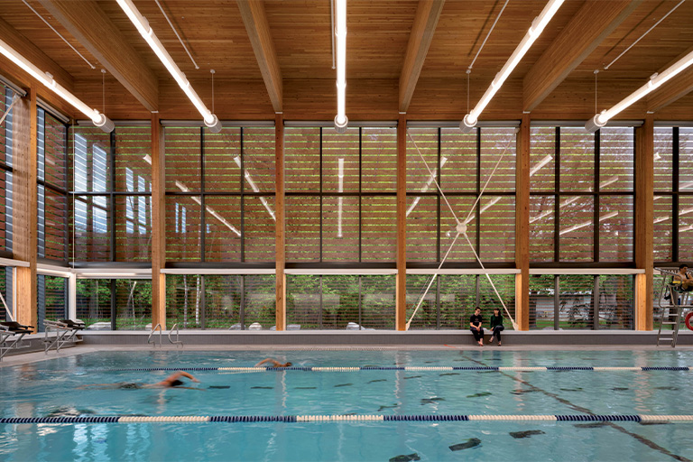 An indoor swimming pool with lane markings, surrounded by tall glass windows and exposed wooden beams