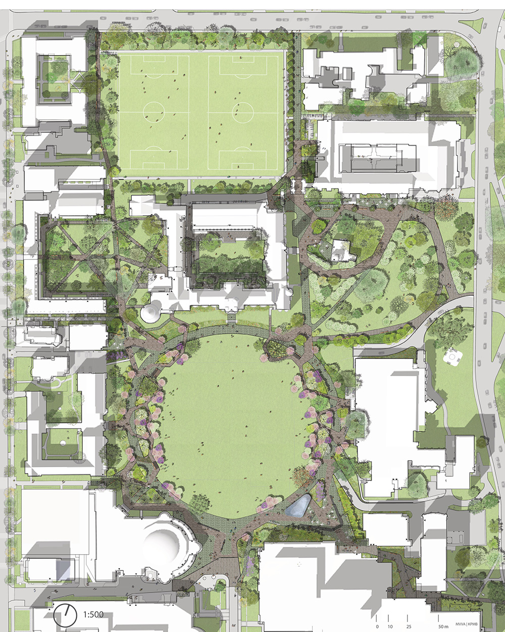 An illustrated site plan shows buildings, paths, trees, and two sports fields arranged around a central lawn