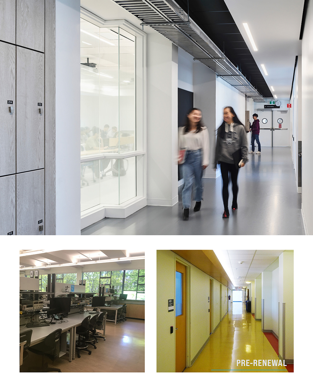 Before and after images of the renovation, showing that spaces are now brighter with sleek, modern interior finishes