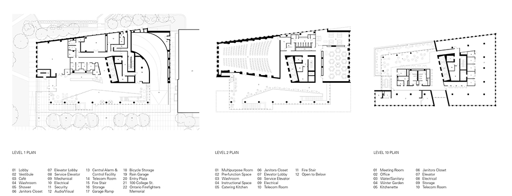 A set of three architectural floor plans for levels 1, 2, and 10, showing the main entry, lecture hall, and event spaces