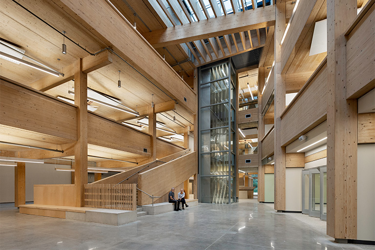 A bright, modern interior with tall glass windows, polished concrete floors, and wooden slatted walls and ceilings