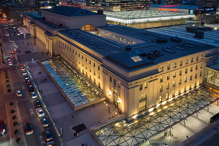 An aerial evening view of Union Station