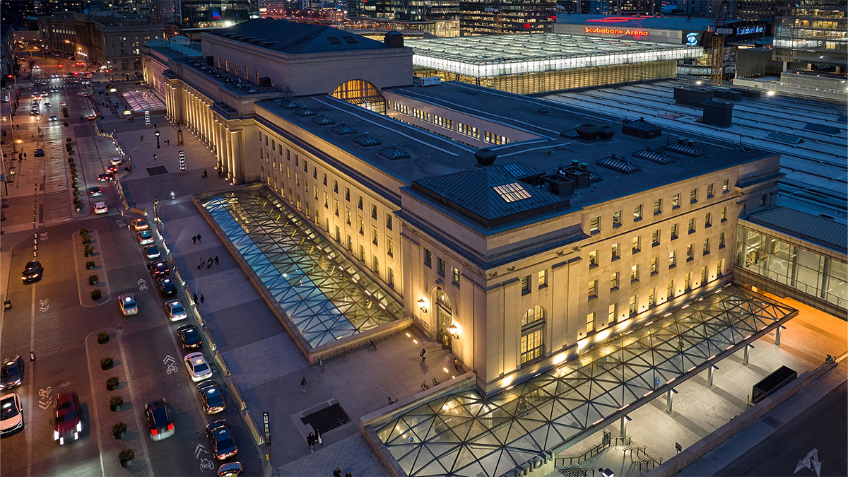 An aerial evening view of Union Station