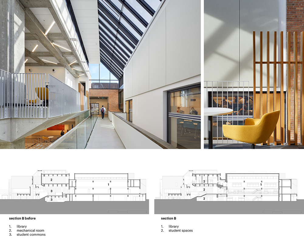 A collage of images showing sections of the building and interior corridors