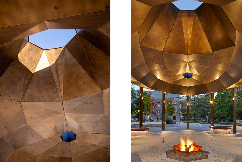 A faceted metal pavilion is shown from above and inside, with warm light and a central fire