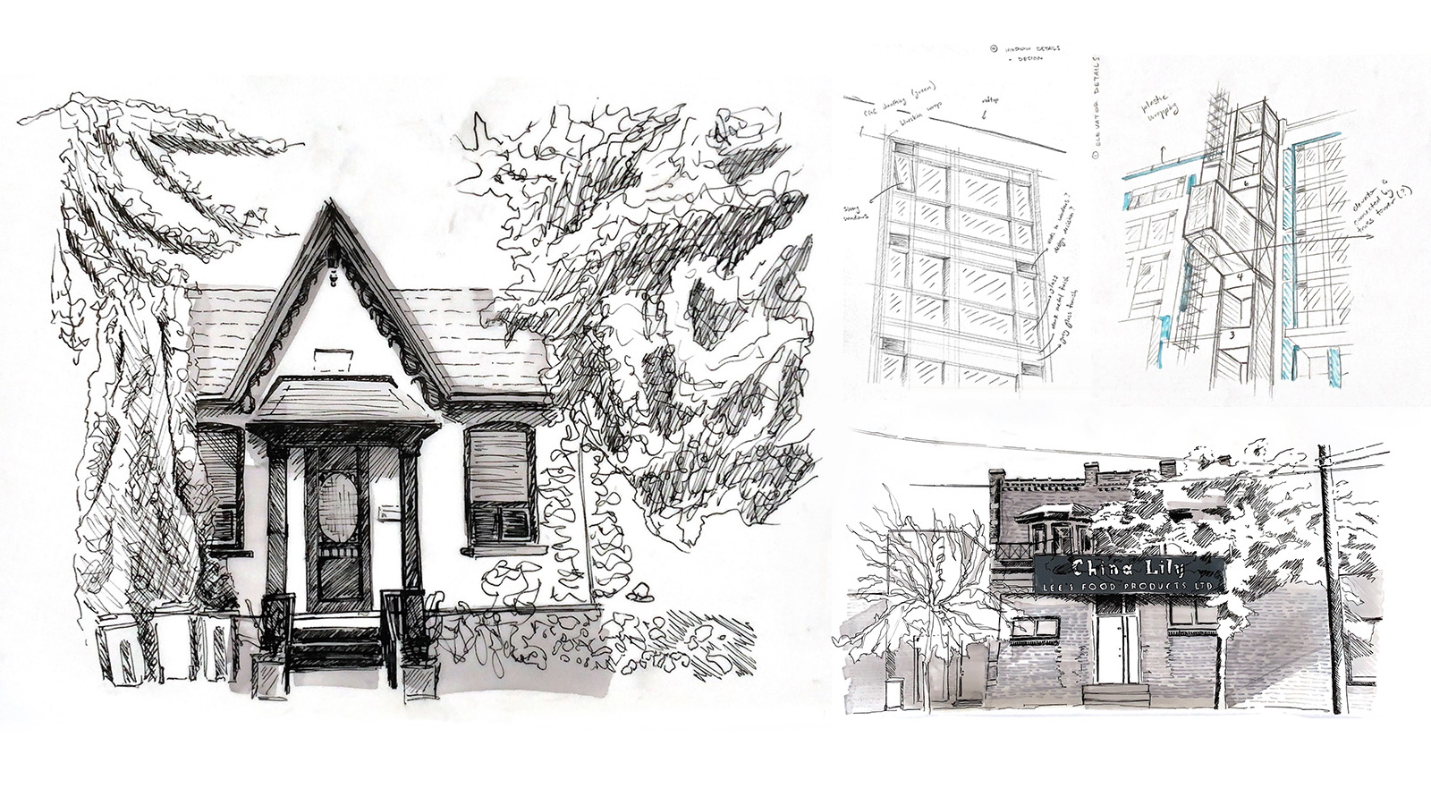 A series of featured building sketches