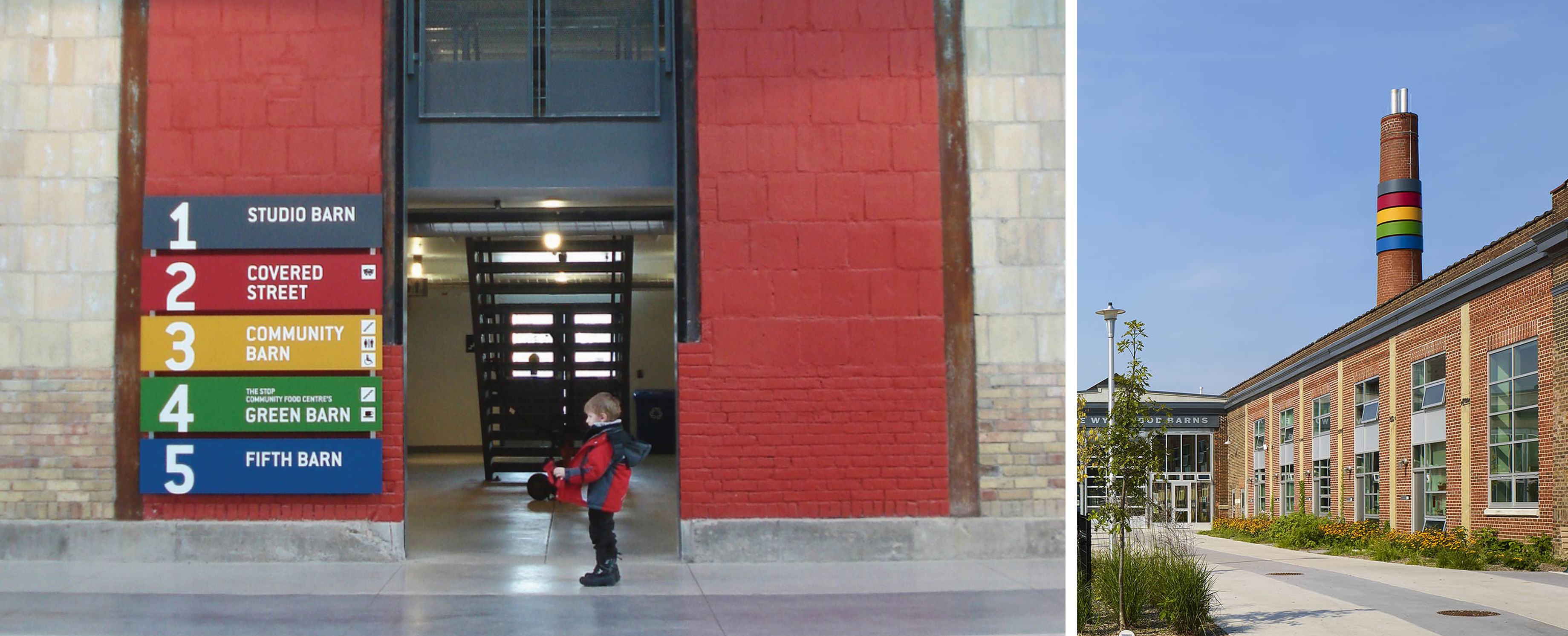 A child in a red winter coat stands in the doorway of a red-painted wall with colourful signage on one side (left). A large white number five hangs from a gable end of the Fifth Barn while the brightly lit windows of the Green Barn shine against the evening sky (right).