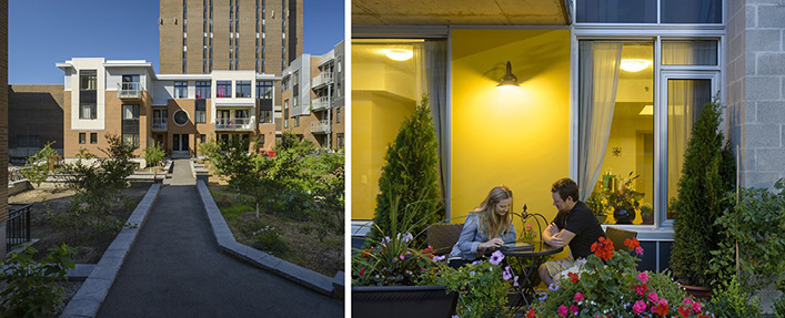 Left: Courtyard with mid-rise apartment building and high-rise building in the background. Right: Two people sitting at a table in a small courtyard space with an apartment in the background. 