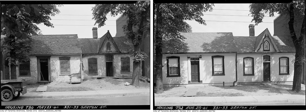 Set of images showing two semi-detached, one story-houses. The houses on the left are dilapidated with shut windows. The image on the right shows the same houses with new windows and a renovated exterior.