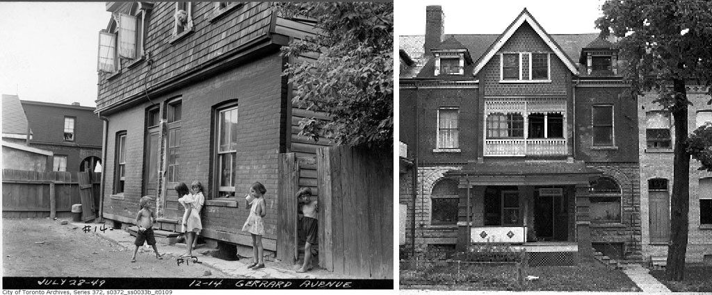  Left: Children playing in rear yard of house, with child peering out of a second-story window. Right: set of semi-detached homes with large front porches. A sign underneath the right porch overhang reads “Glad Day”.