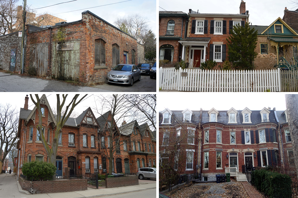 Top-Left: One-story laneway coach house with three cars parked beside it. Top-Right: Row of semi-detached houses with Georgian Revival-style two-story home at the centre. Bottom-Left: Row of red-brick Bay-and-gable houses. Bottom-Right: Row of semi-detached Second Empire style houses with dark Mansard roofs. 