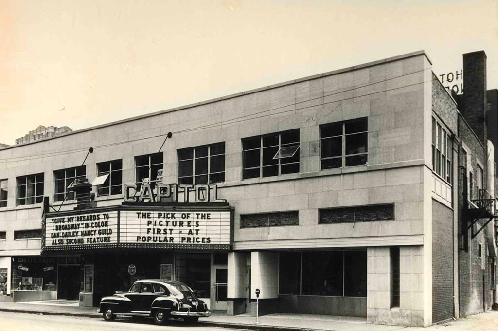 Front facade of Windsor’s Capitol Theatre in 1941 featuring a large entrance marque and strong horizontal composition