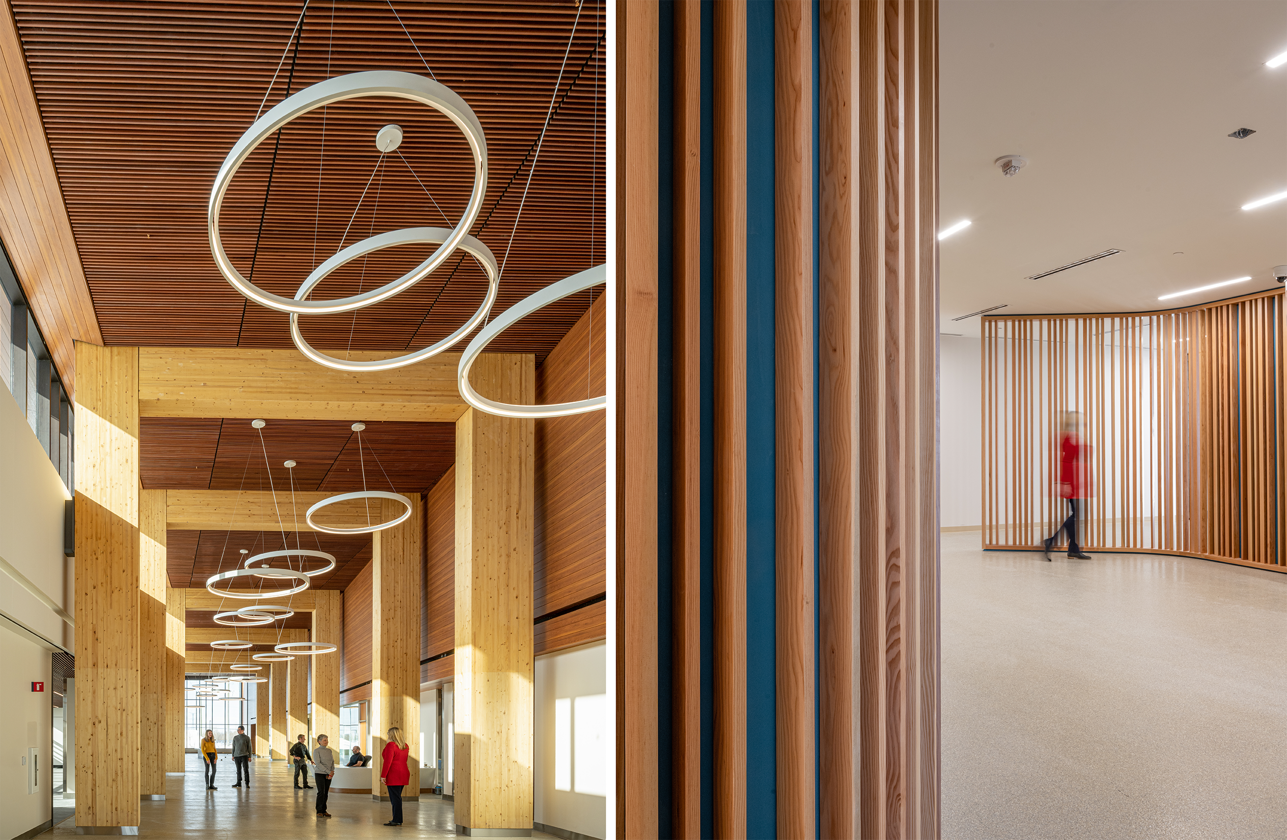 Left: A figure passes by a partition composed of thin wooden slats of varying distances apart. Right: Thick glulam columns and beams frame a long, curved corridor terminating with a glazed wall. People mingle throughout.