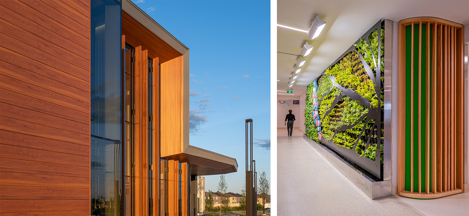 Horizontal wood cladding on an exterior wall, vertical slats across glazing, and cladding under.