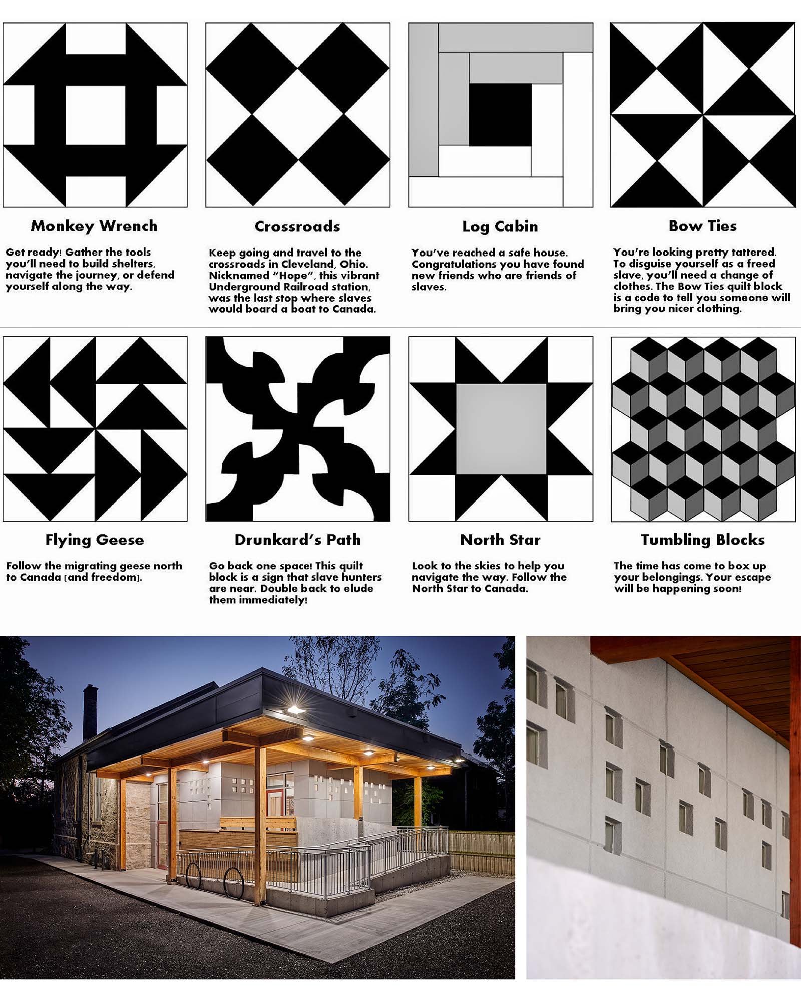 Top: Eight black and white graphics of square quilt patterns arranged in a 2x4 grid. Under each pattern is descriptive text  indicating its meaning. Bottom left: Attaching directly to Heritage Hall’s original stone facade, the new addition includes a concrete structure under a large roof overhang with wooden soffits and columns. Bottom right: A concrete wall with a grid etched into the surface is perforated by rows of glass blocks.