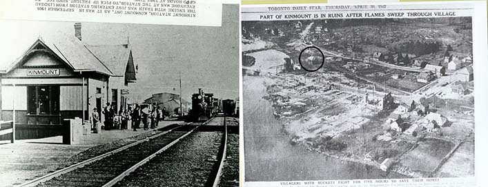 Left: A train arrives at a station with passengers waiting on the side of the tracks. Right: Aerial view of a riverside town with multiple burnt down buildings.