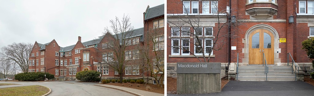 Left: Entrance of red-brick three storey building at the end of a looped roadway. Right: Main entrance of building with steps leading to a large round-headed door. A sign on the left of the entrance reads MacDonald Hall. 