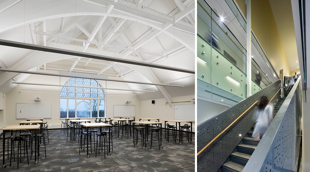 Left: Large classroom with desks and chairs under a white vaulted ceiling.