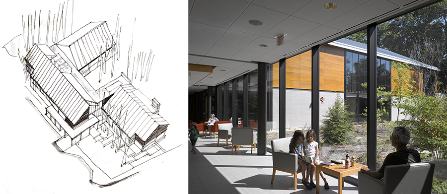 eft: looking through full height windows into a large, open, running track area. Right: Indoor running track with large, curved metal structure.