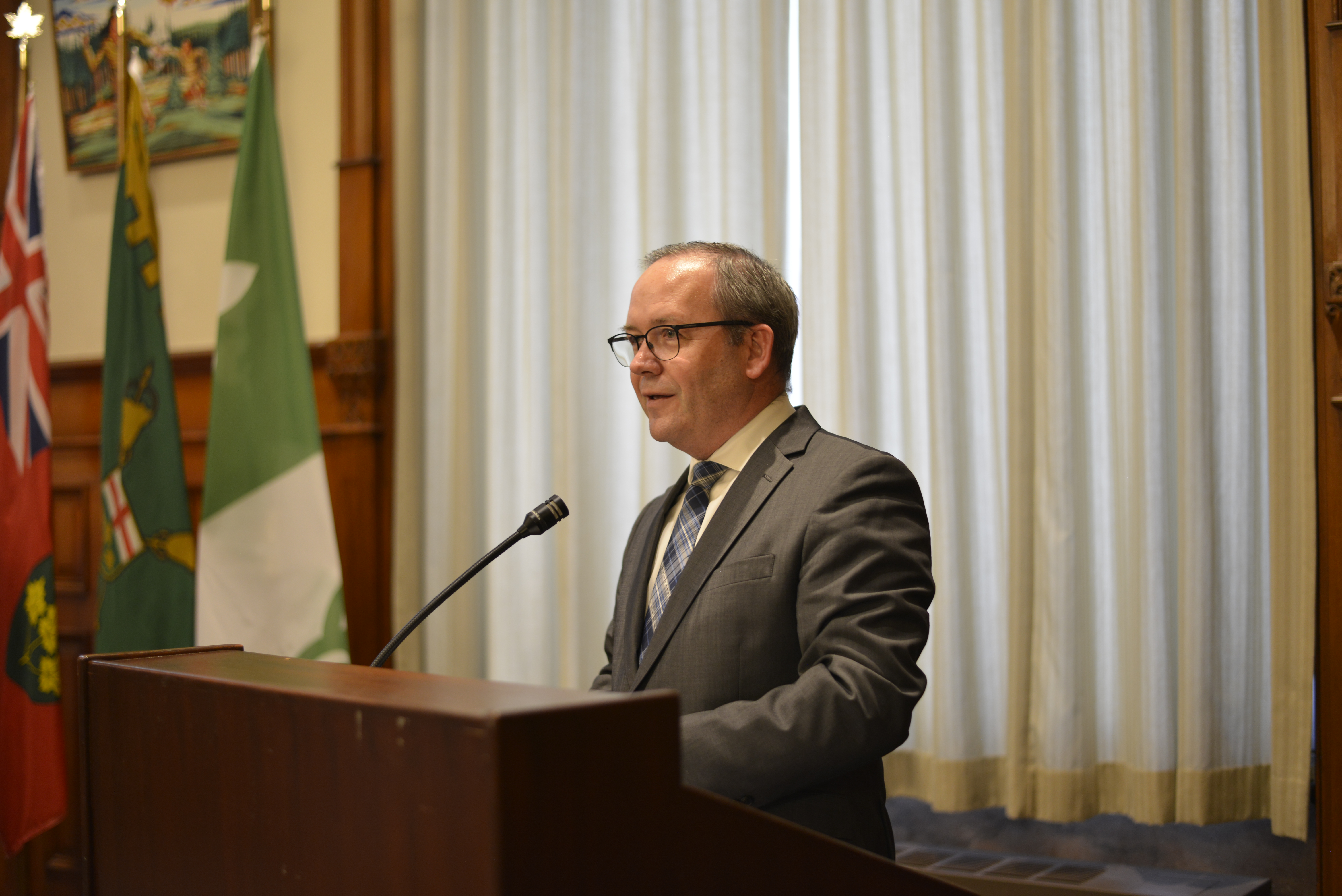 The Honourable Doug Downey, Attorney General, speaking to MPPs, Architects, and other guests. His office is responsible for the Architects Act and, by extension, the architectural profession.