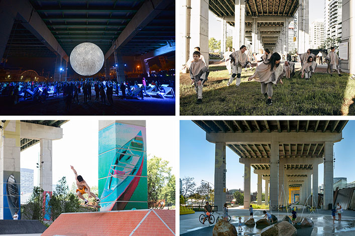Top-left: Large moon-like light sculpture hanging under an elevated highway. Top-right: Contemporary dancers perform under an elevated highway. Bottom-left: Skateboarder doing a trick. Bottom-right: Splash pad underneath an elevated highway, with children playing. 