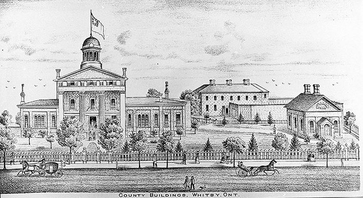 Black and white negative of a photograph of a print depicting a historic streetscape and 3 side by side neoclassical buildings 