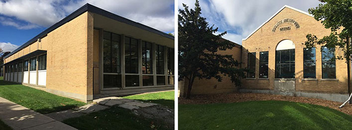 Left: Building with hipped roof and limestone brick facade, with a symmetrical set of rectangular windows. Right: Flat-roofed building with limestone brick facade and curtain walls on two sides. 
