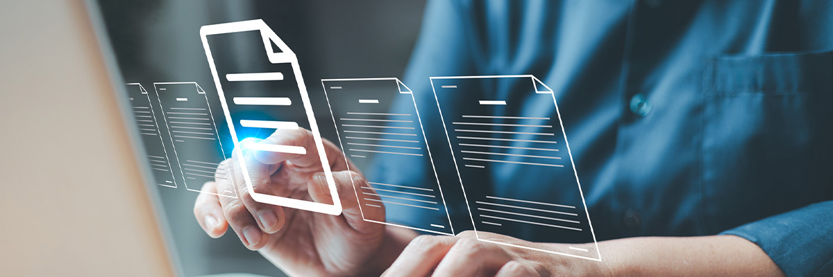 A banner image with hands typing on a computer overlaid with icons representing documents
