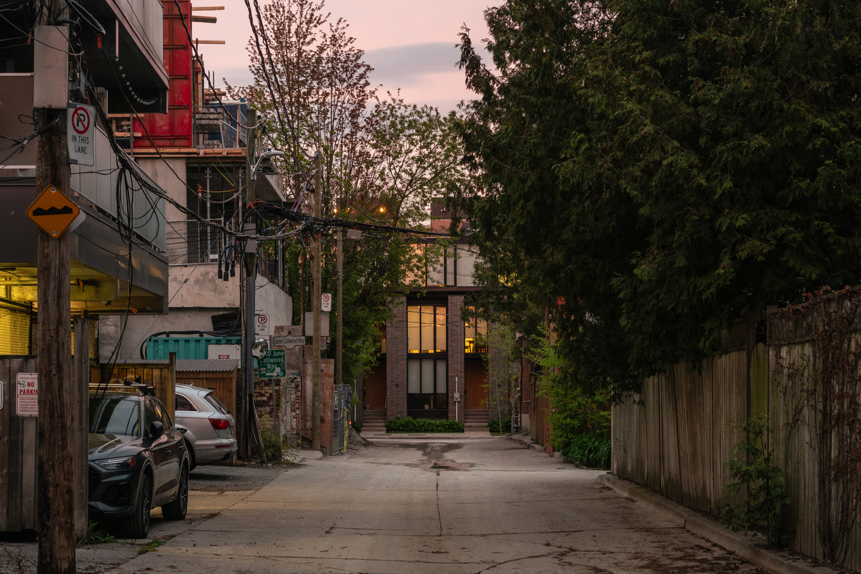 Pic of residential street alley way with street post displaying no parking and bumpy road sign