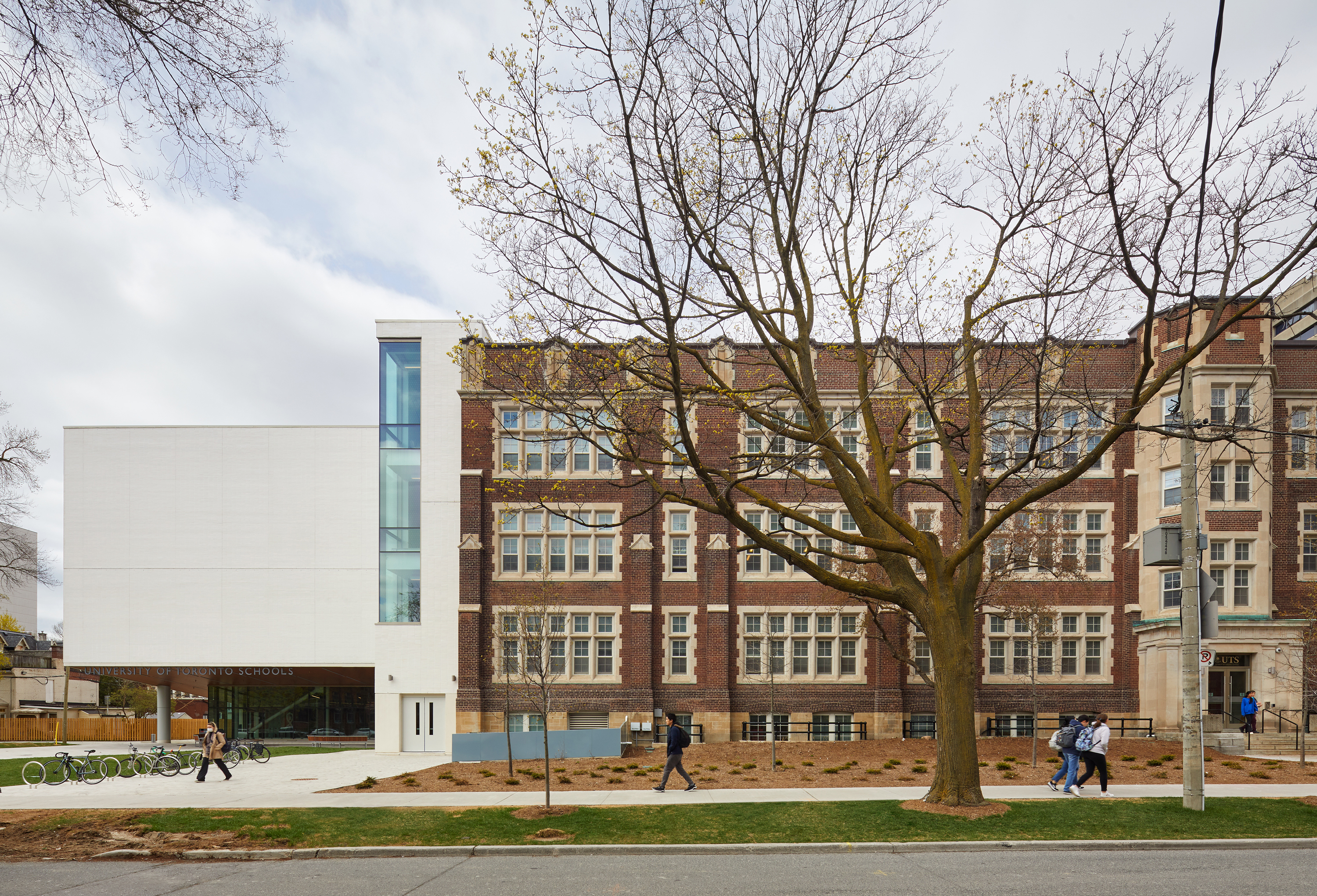 East elevation showing old and new building facades