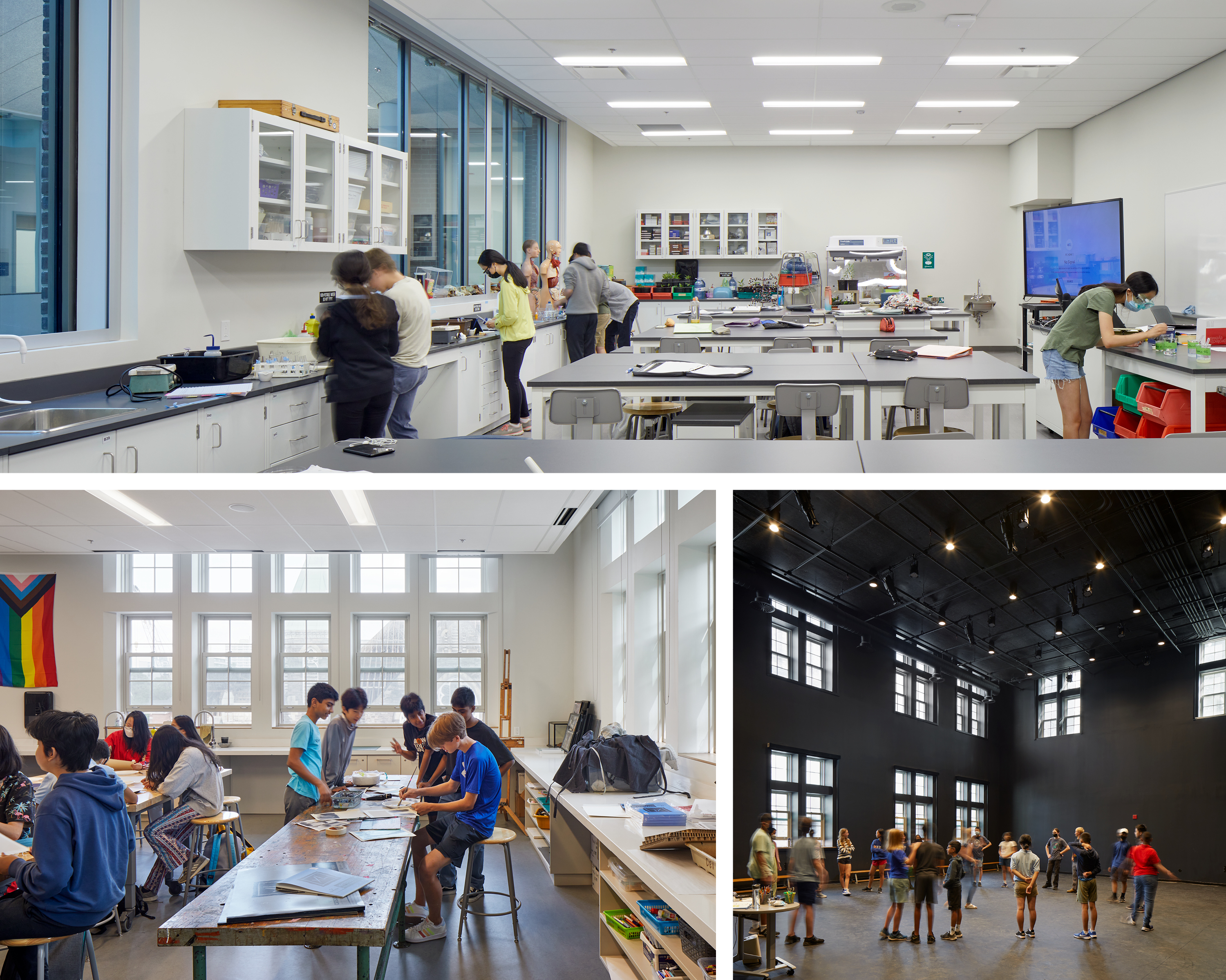Collage of 3 images: lab spaces, classroom spaces, and the former gym, now a black box theatre