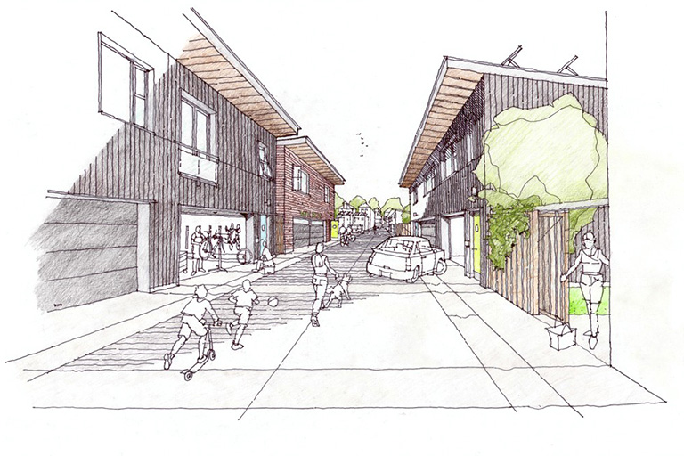 An hand drawing of a vibrant suburban street with children playing
