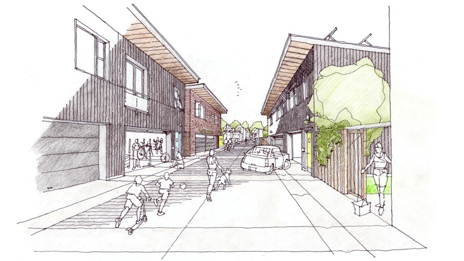 An hand drawing of a vibrant suburban street with children playing