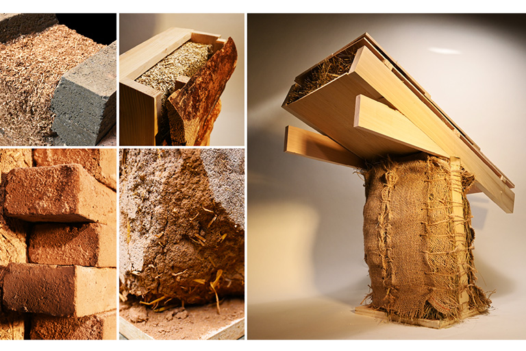 A collage of building components made from recycled and organic materials