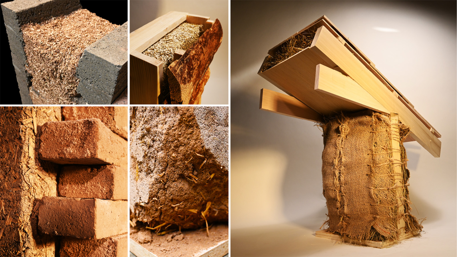 A collage of building components made from recycled and organic materials