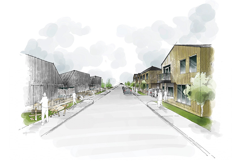 An architectural drawing of a street with climate resilient homes