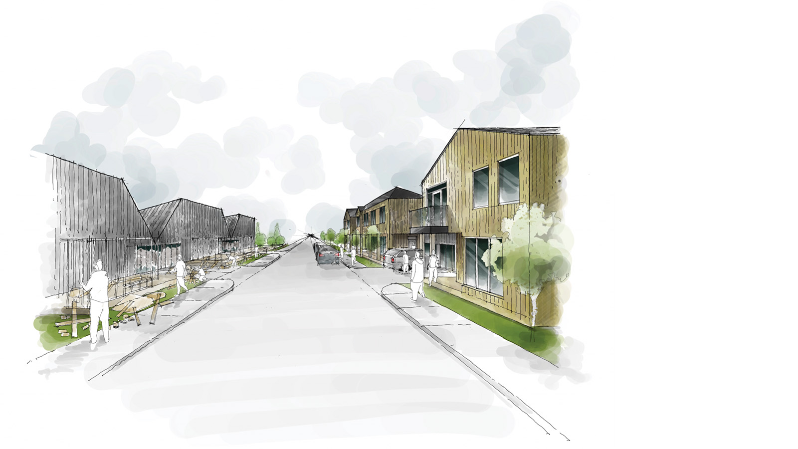 An architectural drawing of a street with climate resilient homes