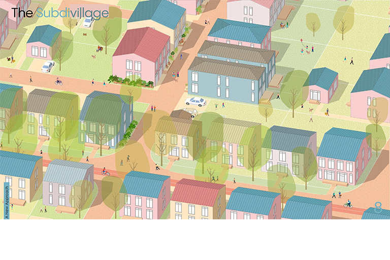An aerial axonometric drawing of colourful buildings