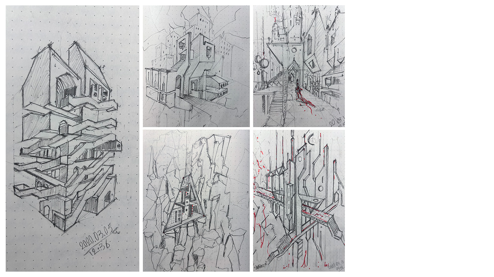 A series of axonometric sketches