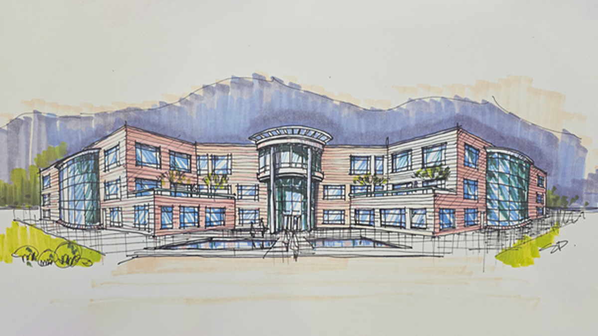 An ink and marker drawing of a building