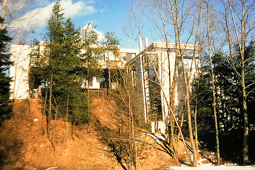 A white geometric building veiled by trees