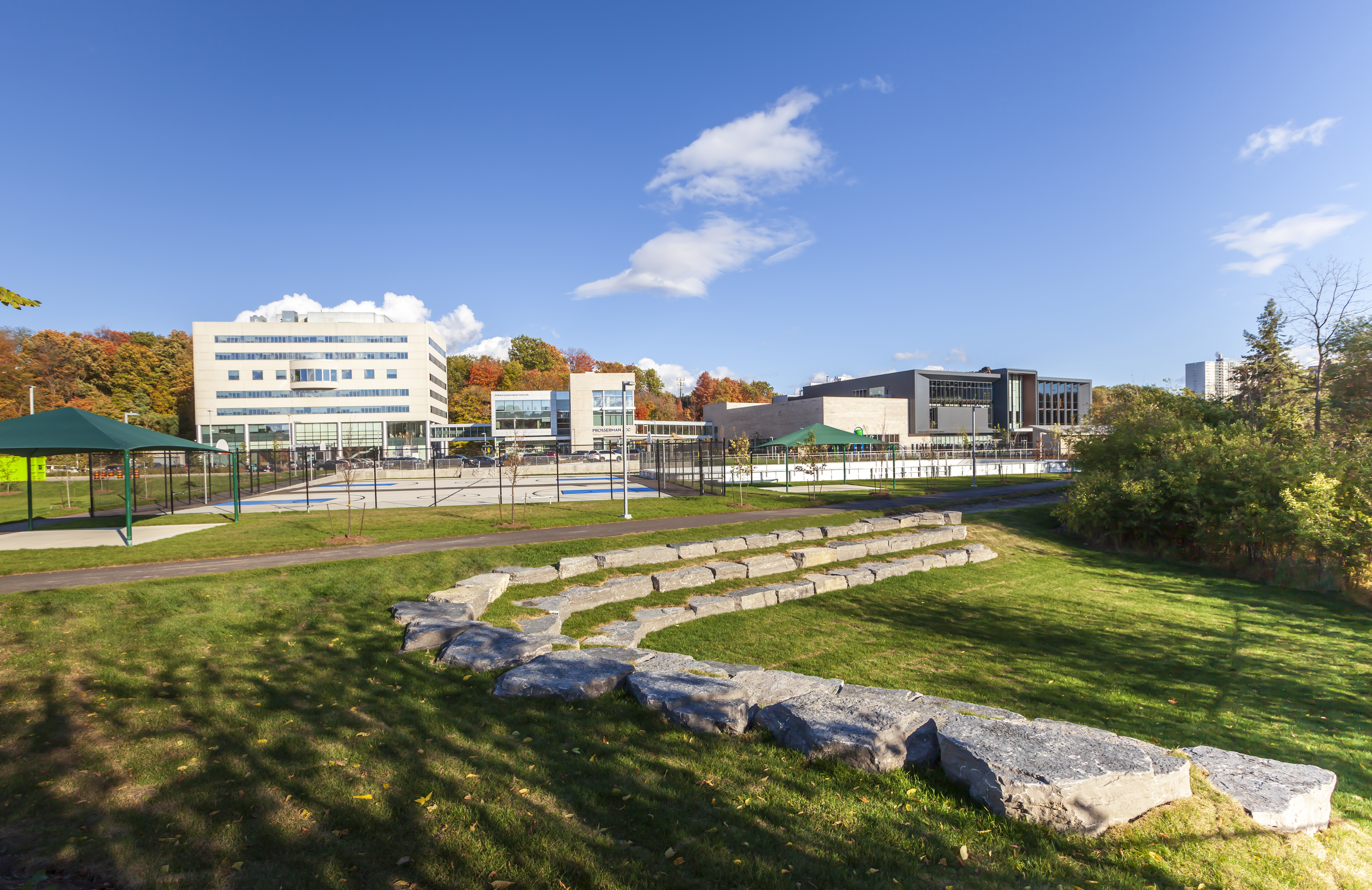 Outdoor amphitheater seating made of large, bench-sized stones and grass.				