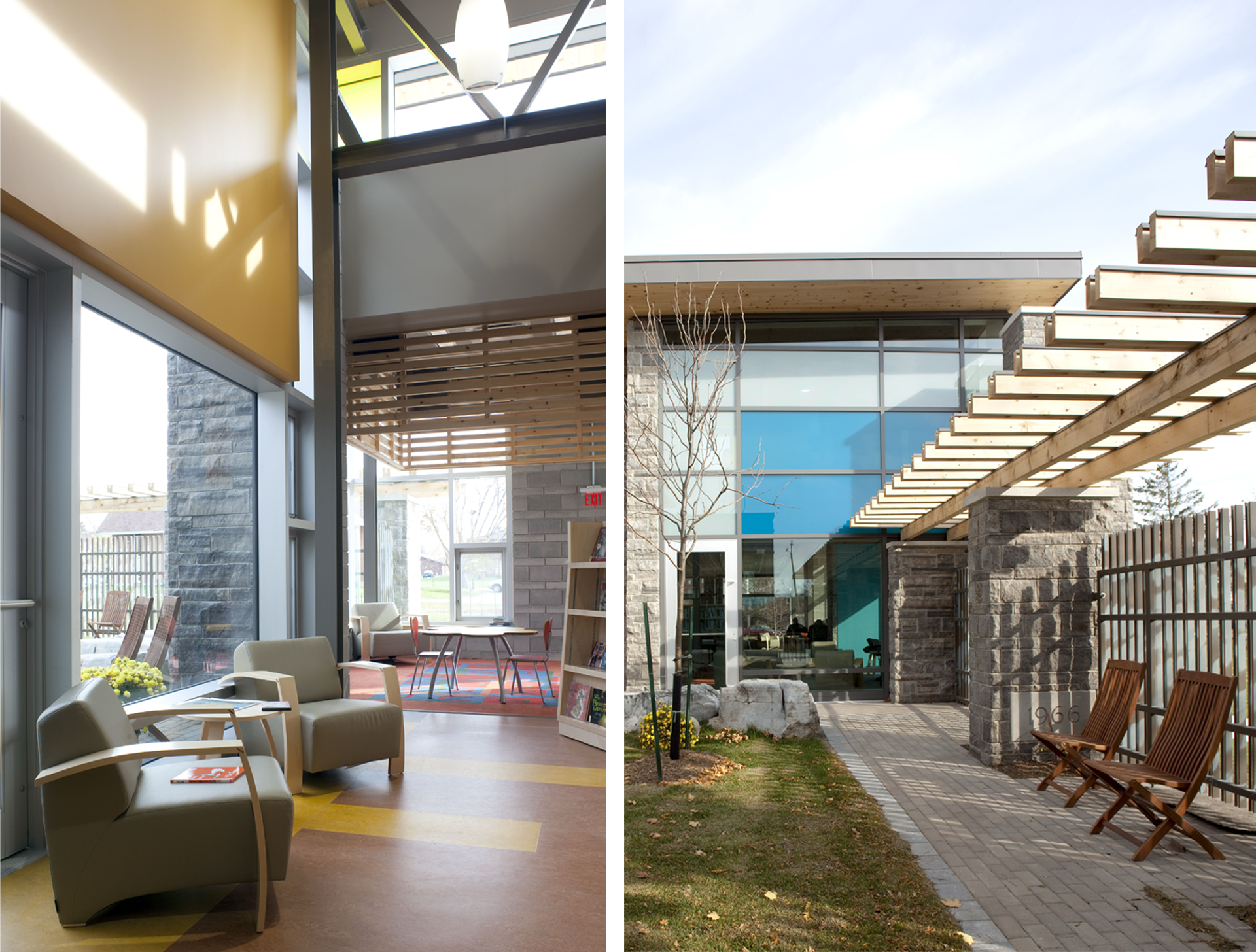 Left: A light-filled interior with modern armchairs, warm materials, and large windows. Right: View of a protected courtyard with wooden pergola, greenery, and outdoor seating.